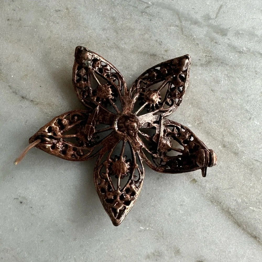Vintage Bronze Tone Flower Brooch Blue Stone & Pearl Accents